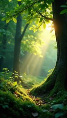 Obraz premium Sunlight creeps through leafy branches illuminating a mossy glade, foliage, leafy, glade