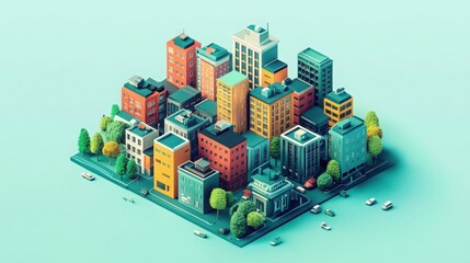 Isometric city with colorful buildings and trees on a blue background