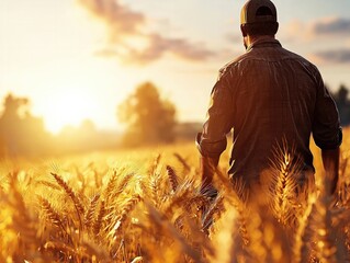 Man Walking Through Golden Wheat Field at Sunset in Rural Landscape