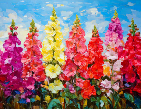 Acrylic painting of colorful row of tall Hollyhocks against blue sky