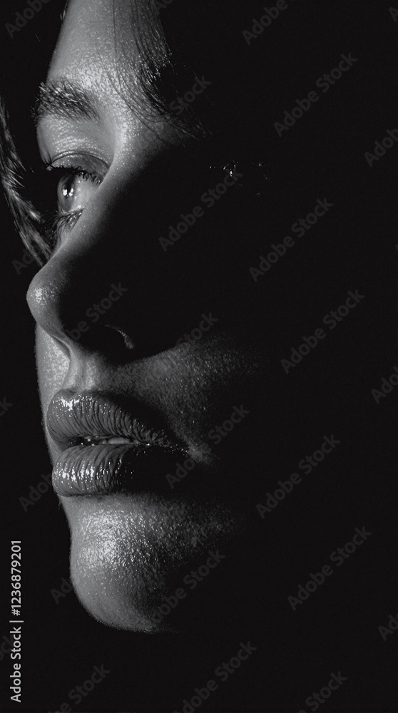 Poster a close-up portrait of a woman’s face in soft shadows with a monochrome grainy gradient of fog gray 