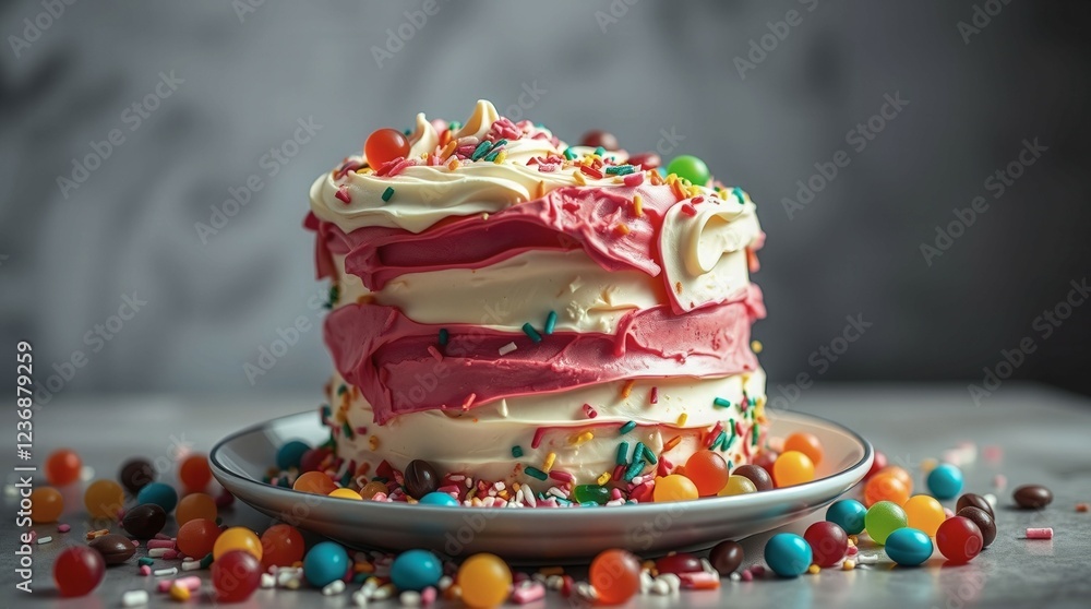 Poster a colorful cake with sprinkles and a drizzle of frosting. the cake is decorated with various objects