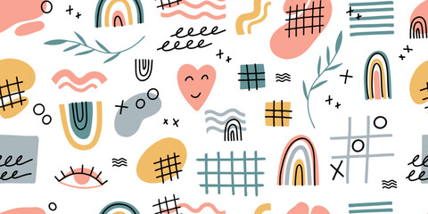 Abstract hand drawn seamless pattern. Vector childish doodle print with modern trendy objects. Stamp texture. Boho, bohemian, spots, lines, rainbows, arches, eyes, heart
