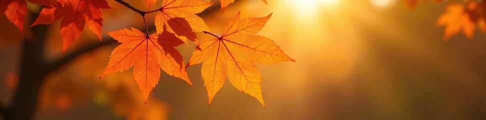 Orange and yellow maple leaves glowing under golden light, maples, tree, flowers