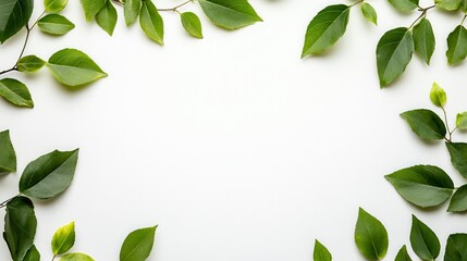 Obraz premium Green Leaves Frame on White Background for Nature Themes