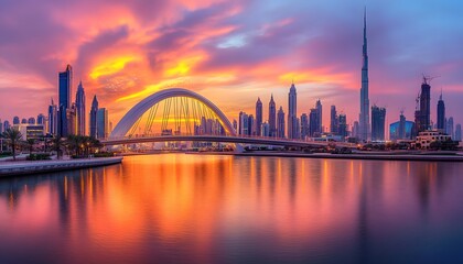 Fototapeta premium Dubai Skyline Sunset Bridge Water Reflections