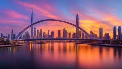 Obraz premium Dubai skyline sunset bridge cityscape reflections