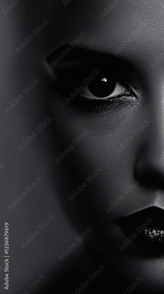 Poster a moody portrait of a woman’s face illuminated by a gradient of soft charcoal tones fading into blac