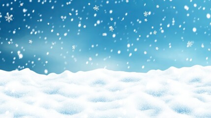 Snowy Winter Landscape with Falling Snowflakes and Blue Sky