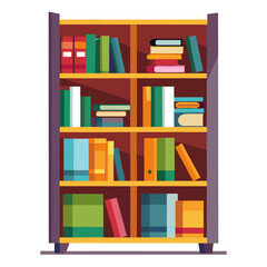 This colorful bookshelf features multiple shelves filled with a diverse assortment of books and materials. The bright colors and neat arrangement create an inviting reading atmosphere
