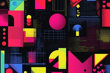 Vibrant geometric abstract art with bold colors and shapes on a black background.