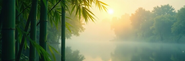 Obraz premium Misty atmosphere amidst the swaying bamboo stalks, misty, gentle, bamboo