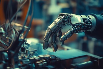 Advanced robotic hand interacts with electronic components in a high-tech workshop