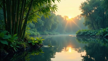 Fototapeta premium Bamboo and aquatic plant life in a large pond at dusk, evening, aquatic plants, greenery