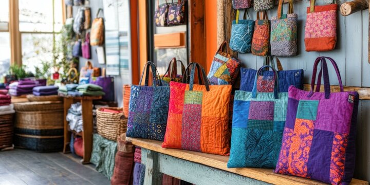 Colorful patchwork bags displayed in a vibrant shop, ideal for promoting handmade crafts, sustainable fashion, or artisanal goods.