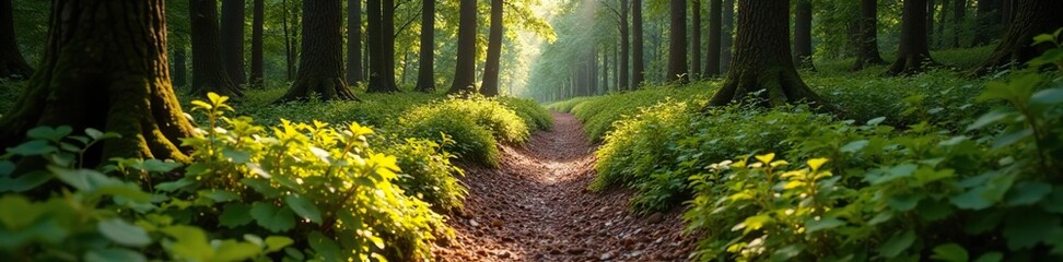 Fototapeta premium Forest trail meanders through dense underbrush and moss, underbrush, forest floor, brown