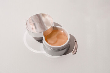 Hydrogel cosmetic eye patches for skin care. Product for skin lifting, anti-aging wrinkles. Under eyes patches. Cosmetics mockup.