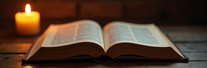 Obraz premium Warm candlelight on an open leather-bound book, cozy, rustic, wood