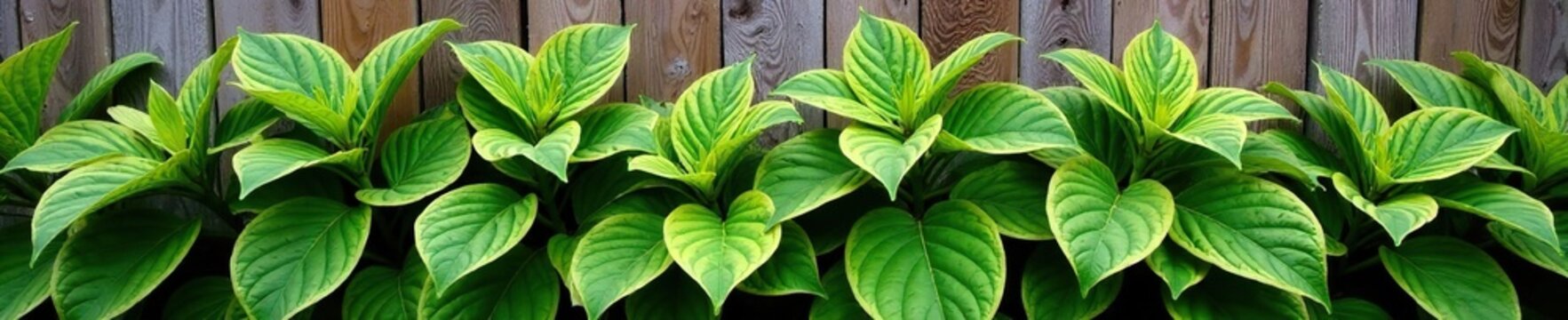 Variegated aucuba japonica on a wooden fence with yellow and white buds, evergreen shrubs, , aucuba japonica variegata