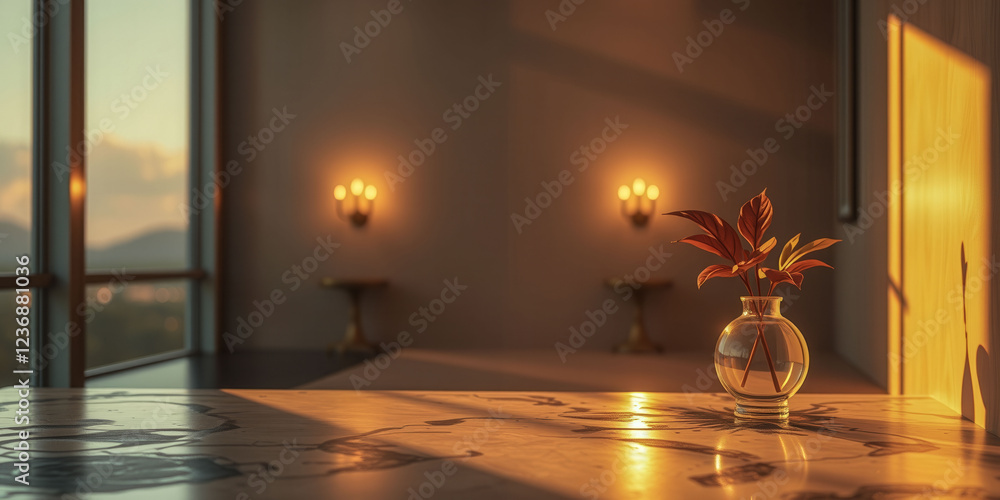 Poster a vase with a leaf in it sits on a table in a room with a view of mountains. the room is dimly lit, 