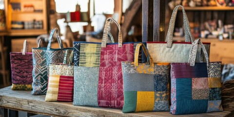 Colorful handmade bags displayed in a rustic setting, perfect for promoting artisanal crafts, eco-friendly products, or local markets.