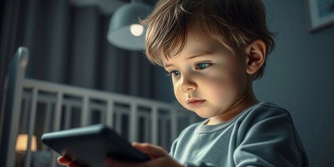 A young child is holding a tablet in his hand, looking at the screen. Concept of curiosity and wonder as the child explores the device