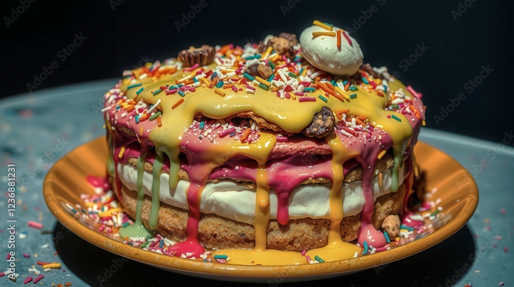 Poster a colorful cake with sprinkles and frosting drips on top. the cake is on a plate and is placed on a 