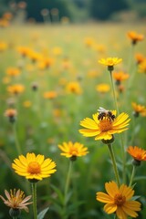 Field of wildflowers swarming bees around a patch, bees, field