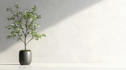 Blooming tree, pot, wall, sunlight, minimalist home decor