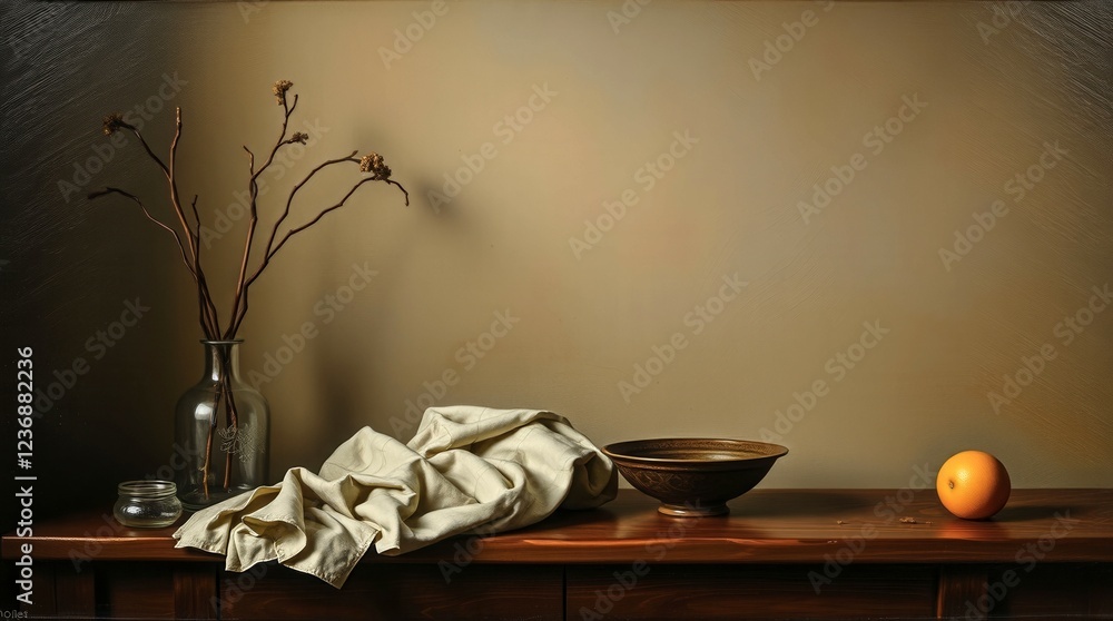 Poster a vase with a branch and a bowl with an orange on a table. the scene is simple and minimalistic