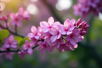 Fototapeta premium Fragrant lilac petals fall from branches of Melia azedarach tree, branch blooms, evergreen tree