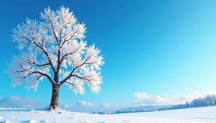 Frost-covered tree branches against a bright blue sky, landscape, cold, snowy