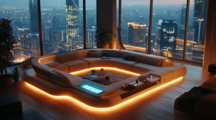 A modular couch that shifts shapes dynamically based on user preferences, glowing softly in a futuristic penthouse