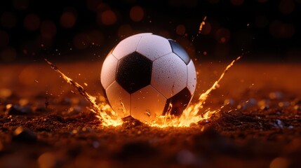 Fototapeta premium A dynamic soccer ball making a powerful splash on the ground, emphasizing energy and action in sports.