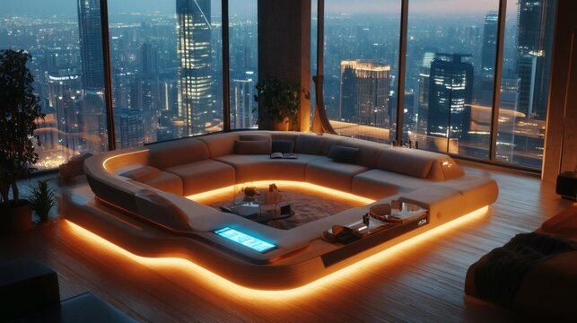 A modular couch that shifts shapes dynamically based on user preferences, glowing softly in a futuristic penthouse