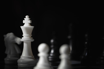 A close-up of a chessboard highlighting the white KING standing out among black pieces, symbolizing...