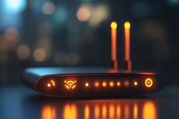 Sleek wi fi router with orange lights showcasing connectivity against a blurred background