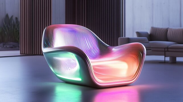 A liquid-metal shaped ergonomic chair that adapts to the user's body and mood, glowing softly in a futuristic setting