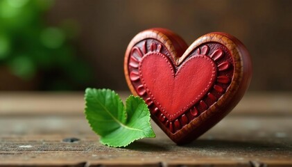 Carved wooden wooden heart adorned with fresh marguerite on a wooden desk, carvings, earthy decor, paperweight