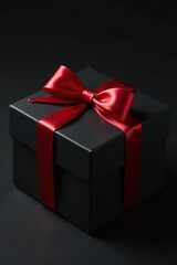 Obraz premium Black gift box adorned with a stunning crimson bow, premium, black, simple