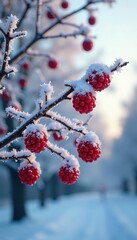 Frozen Aronia tree with thick white hoarfrost, frosty, tree branch