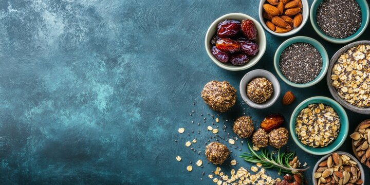 Colorful assortment of healthy snacks including nuts, seeds, and energy balls, ideal for promoting healthy eating and wellness.