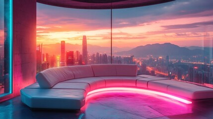 A gravity-defying modular sofa with neon lighting, curved futuristic design, and a panoramic cityscape view from a space station