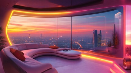 A gravity-defying modular sofa with neon lighting, curved futuristic design, and a panoramic cityscape view from a space station
