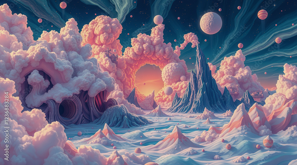 Poster a colorful, surreal painting of a pink and blue sky with clouds and a mountain range. the sky is fil