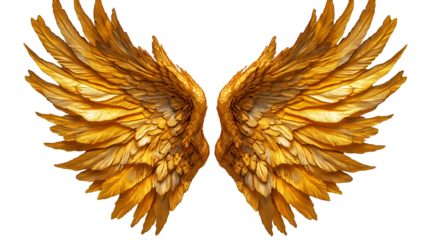 Golden Angel Wings Elegant Luxury Design, Feathers Symbolizing Hope and Faith, isolated on transparent background.