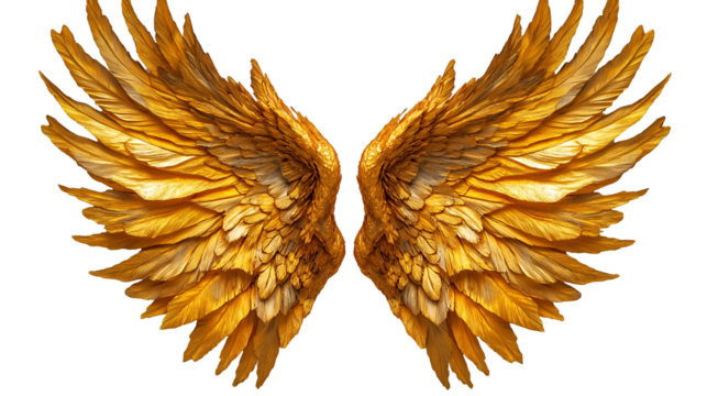 Golden Angel Wings Elegant Luxury Design, Feathers Symbolizing Hope and Faith, isolated on transparent background.