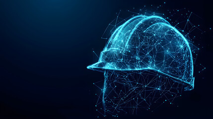 Futuristic glowing safety helmet made of low polygonal lines and points on a dark blue background....
