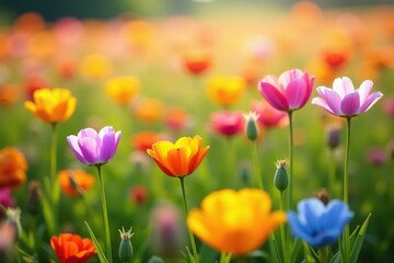 A field of brightly colored flowers swaying gently in the breeze, nature, , field