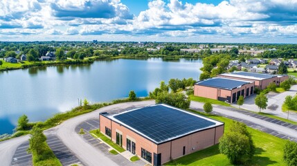 Fototapeta premium Aerial View of Solar Panel Roofs near Calm Lake and Green Landscape